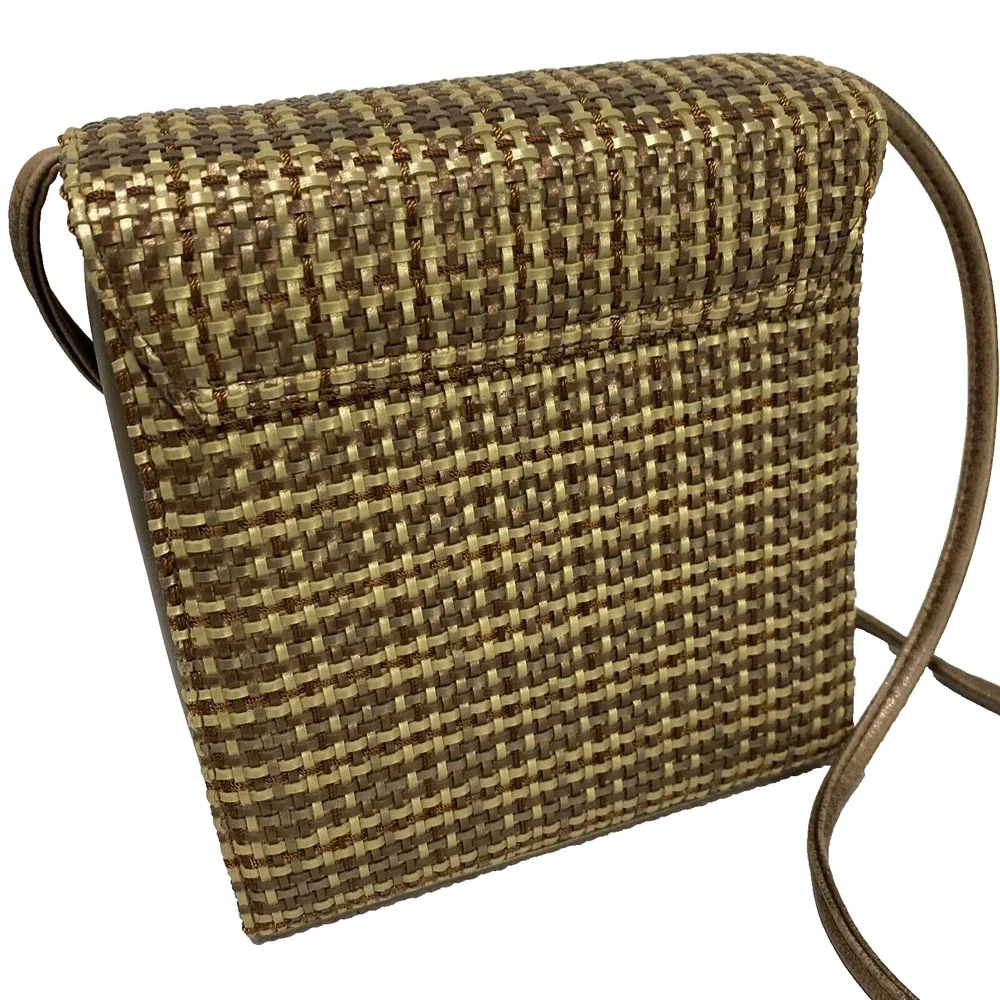 Vintage Mid Century Box Style Purse Shoulder Bag Brown Gold Woven Elegant Chic
